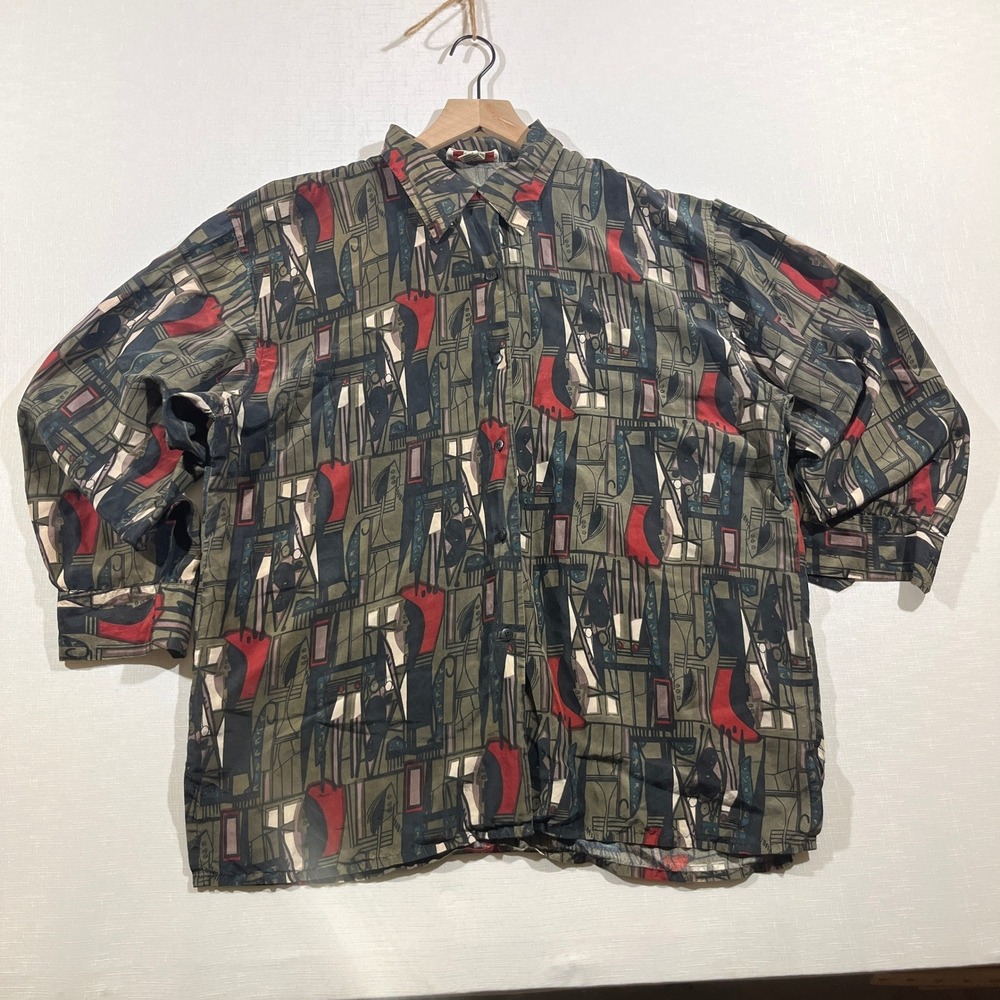 VTG Stunt Collections Abstract Silk Shirt Large Men Green Geometric Art Deco 90s